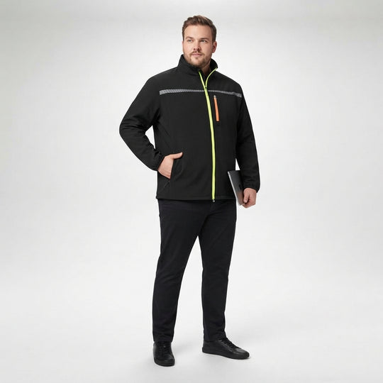 Adamo Softshelljacke Herren Übergröße 4XL-10XL in Schwarz mit Neon-Reißverschluss und reflektierenden Details