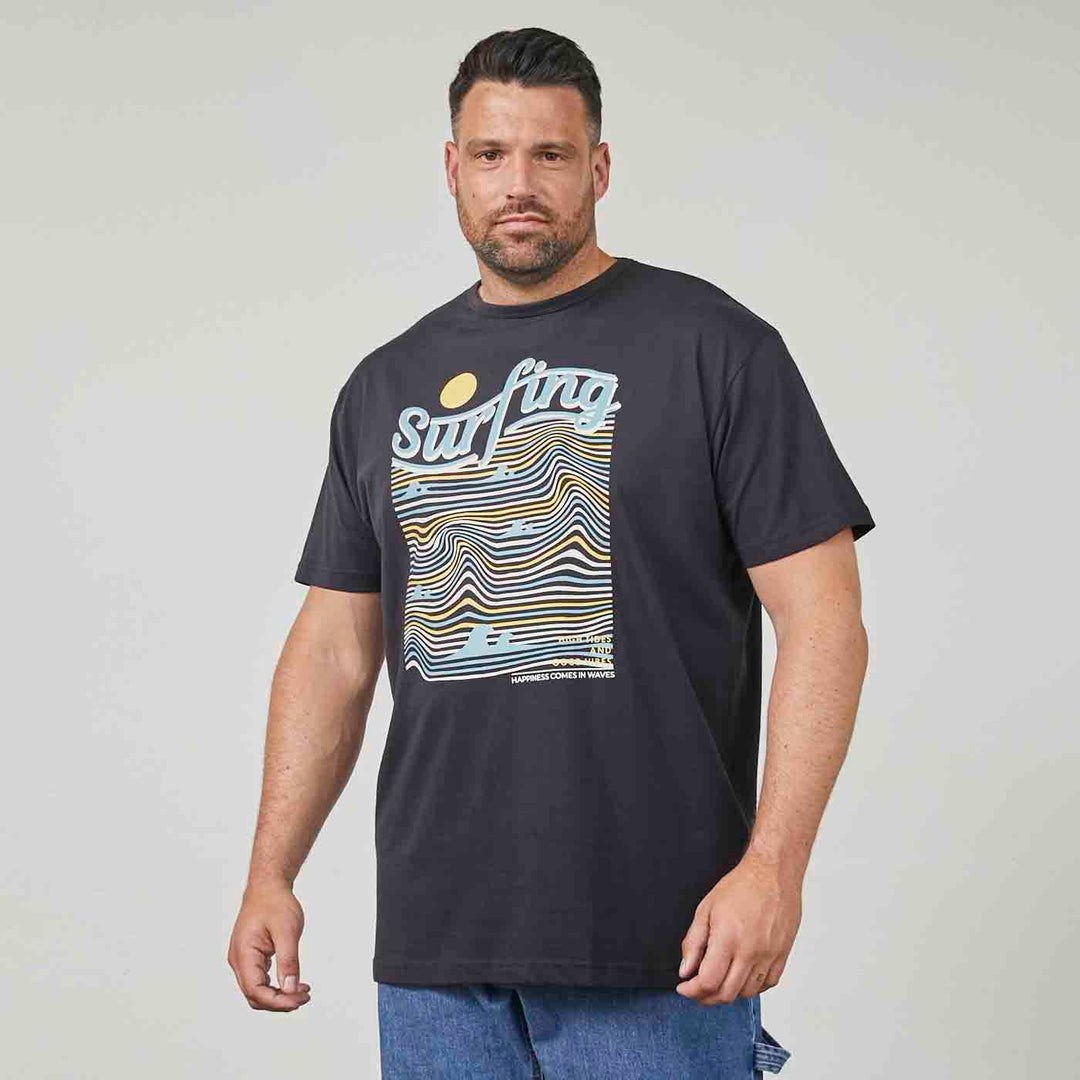 Schwarzes surfing t shirt von Allsize mit buntem Wellendesign und Rundhalsausschnitt für Herren