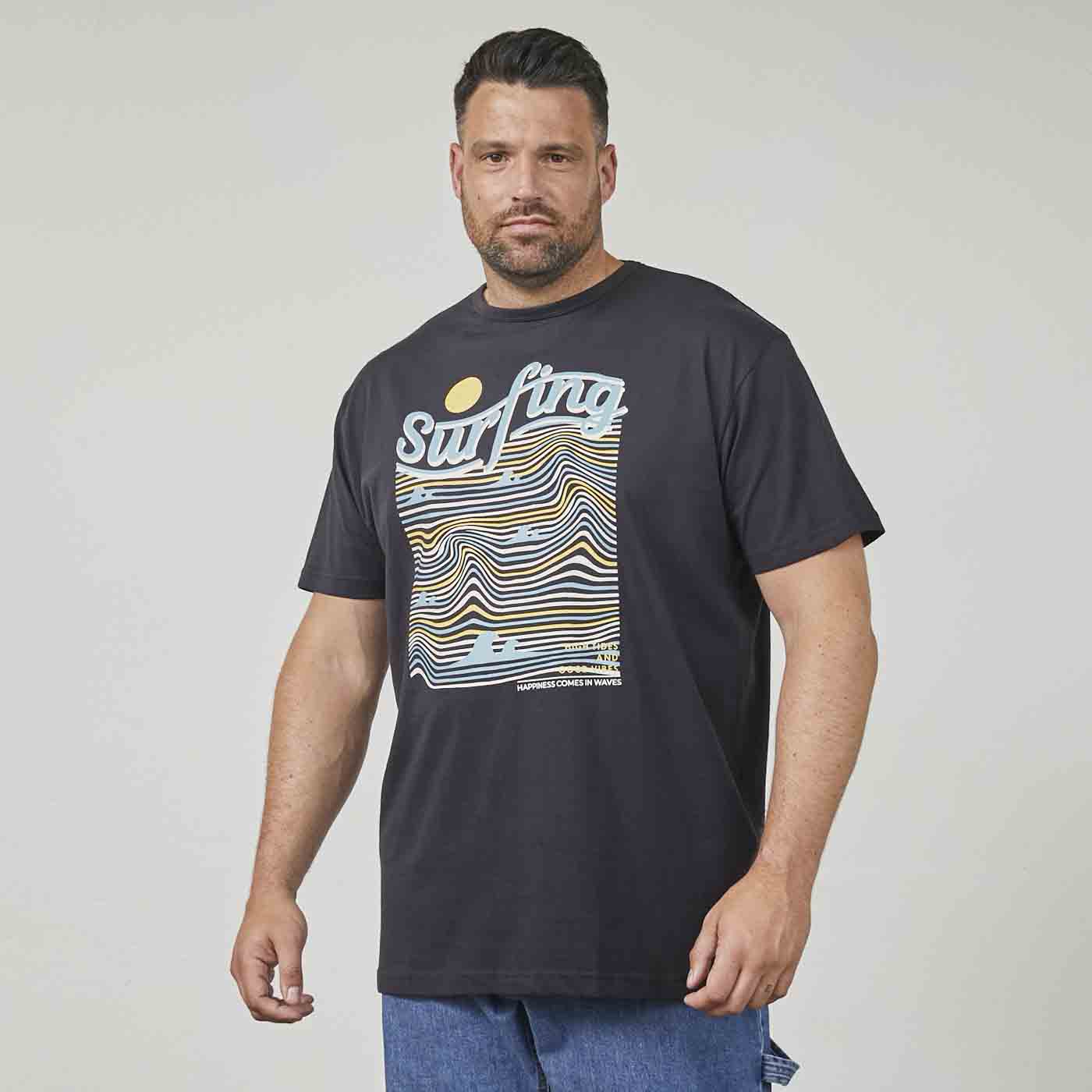 Schwarzes surfing t shirt von Allsize mit buntem Wellendesign und Rundhalsausschnitt für Herren