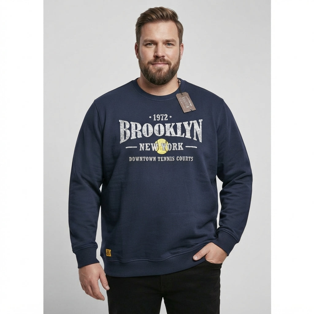 Redfield Sweatshirt Herren Übergröße in Dunkelblau mit Brooklyn Schriftzug und Bund an Ärmeln und Saum