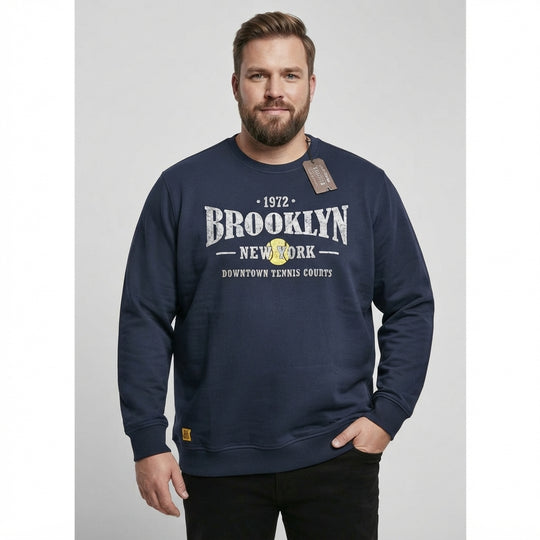 Redfield Sweatshirt Herren Übergröße in Dunkelblau mit Brooklyn Schriftzug und Bund an Ärmeln und Saum