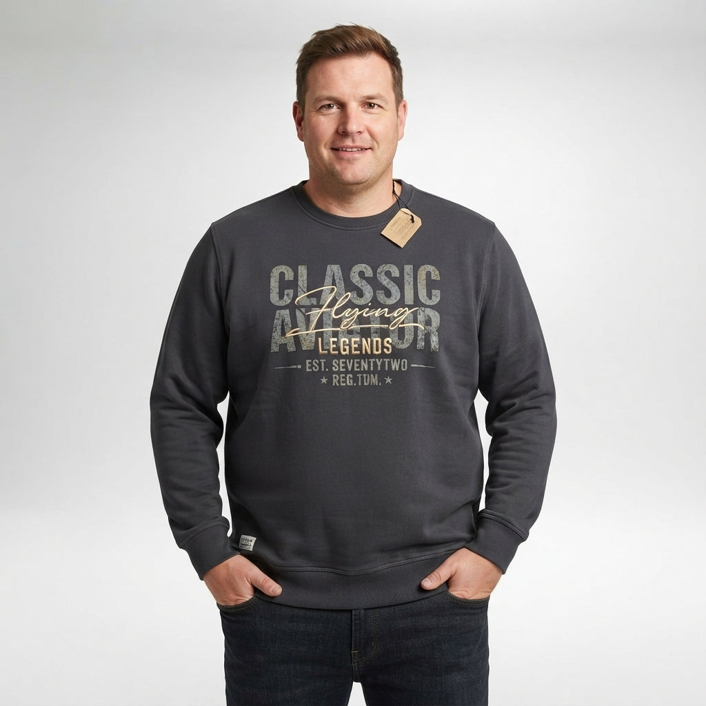 Redfield Sweatshirt Herren Übergröße in Dunkelgrau mit Classic Aufschrift und Bund am Saum