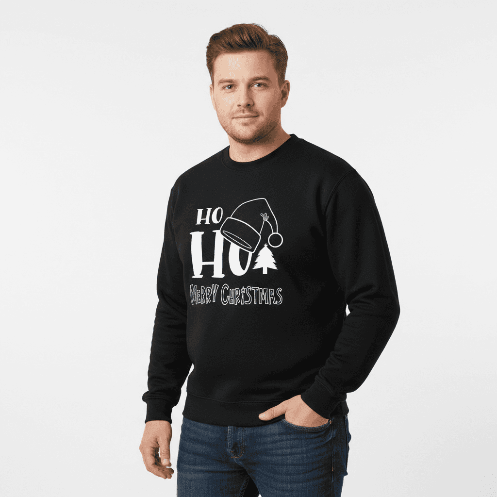 Schwarzes Sweatshirt von Ahorn Sport mit Weihnachtsmotiv und Bündchen an Ärmeln und Saum