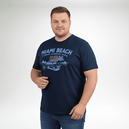 T Shirt Damen bedruckt von Redfield in dunkelblau mit Miami Beach Aufdruck auf der Vorderseite