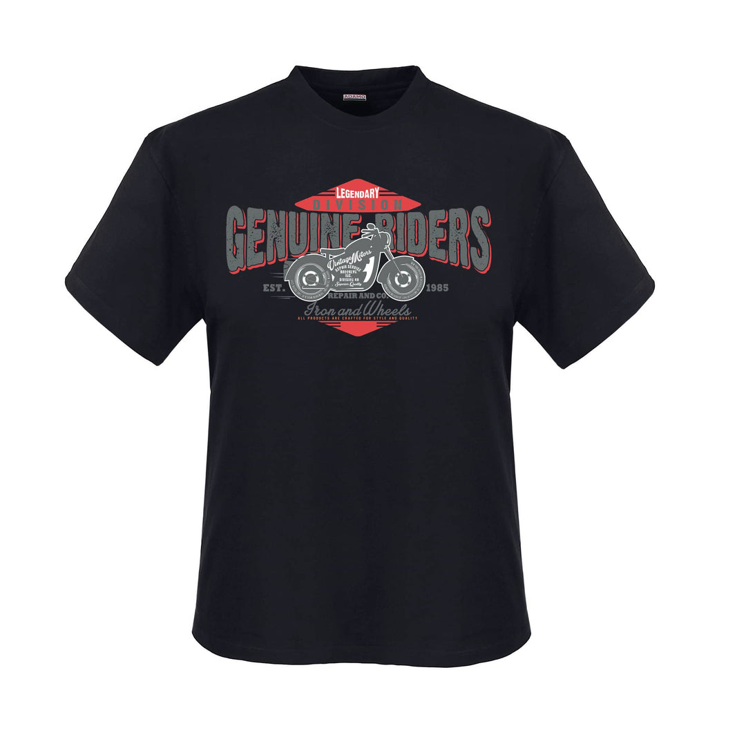 Adamo T Shirt Herren schwarz mit Genuine Riders Motorrad Druck in Rot und Grau
