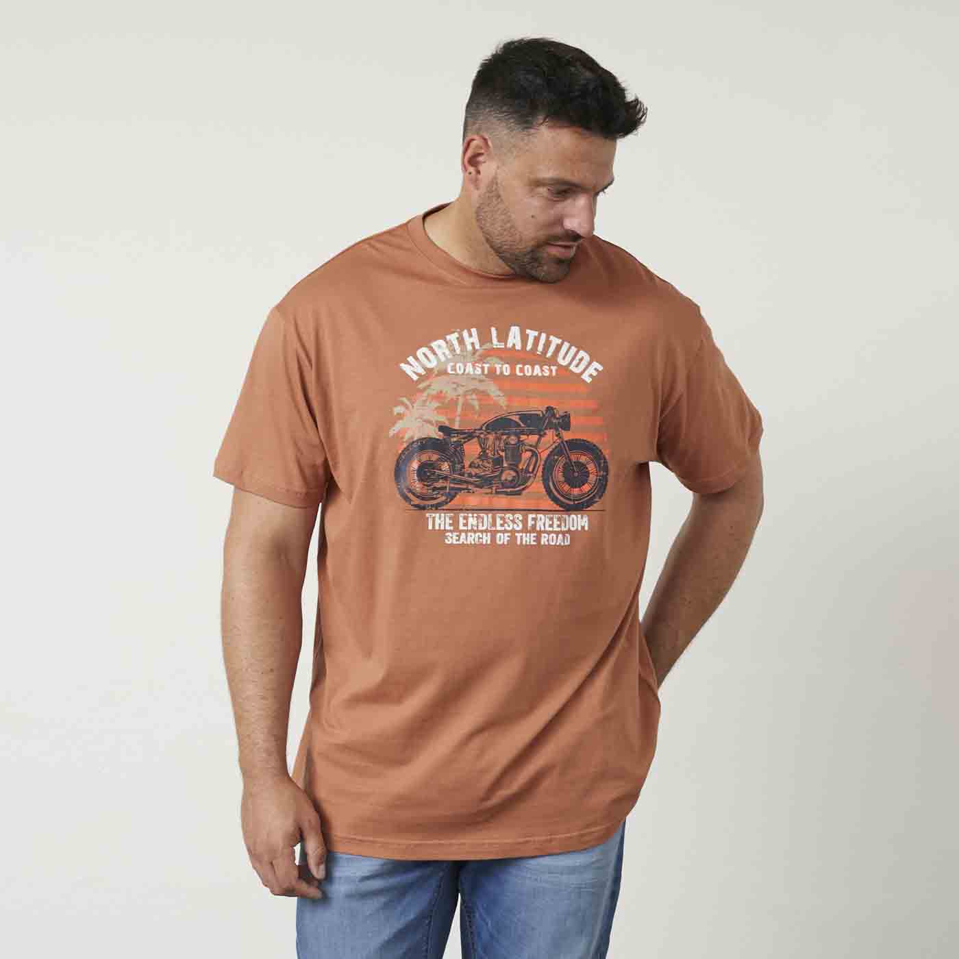Allsize braunes t shirt mit druck Motorrad und Schriftzug vorne, Herrenmode