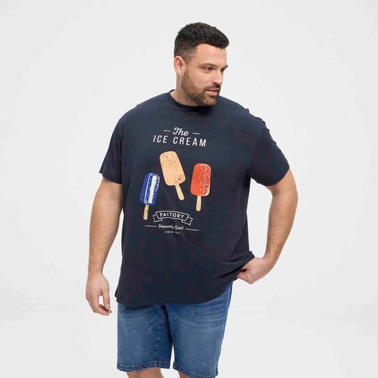 Herren t shirt mit druck von Allsize in dunkelblau mit buntem Eis-Motiv und kurzen Ärmeln