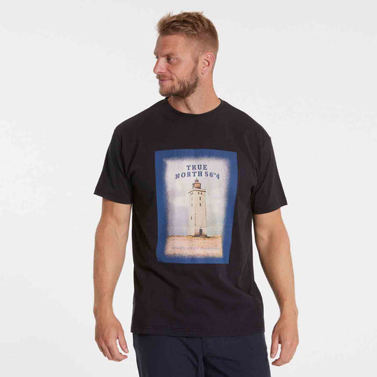 Schwarzes Allsize T Shirt T mit Leuchtturm Druck und kurzer Ärmel für Männer