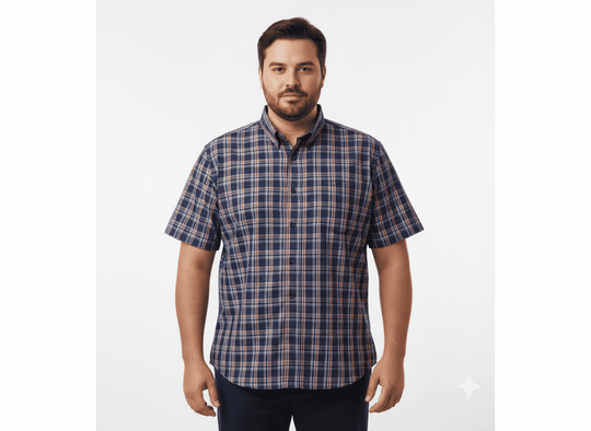 BigTiger kariertes kurzärmeliges Karo Hemd Herren in Übergröße in Blau und Beige
