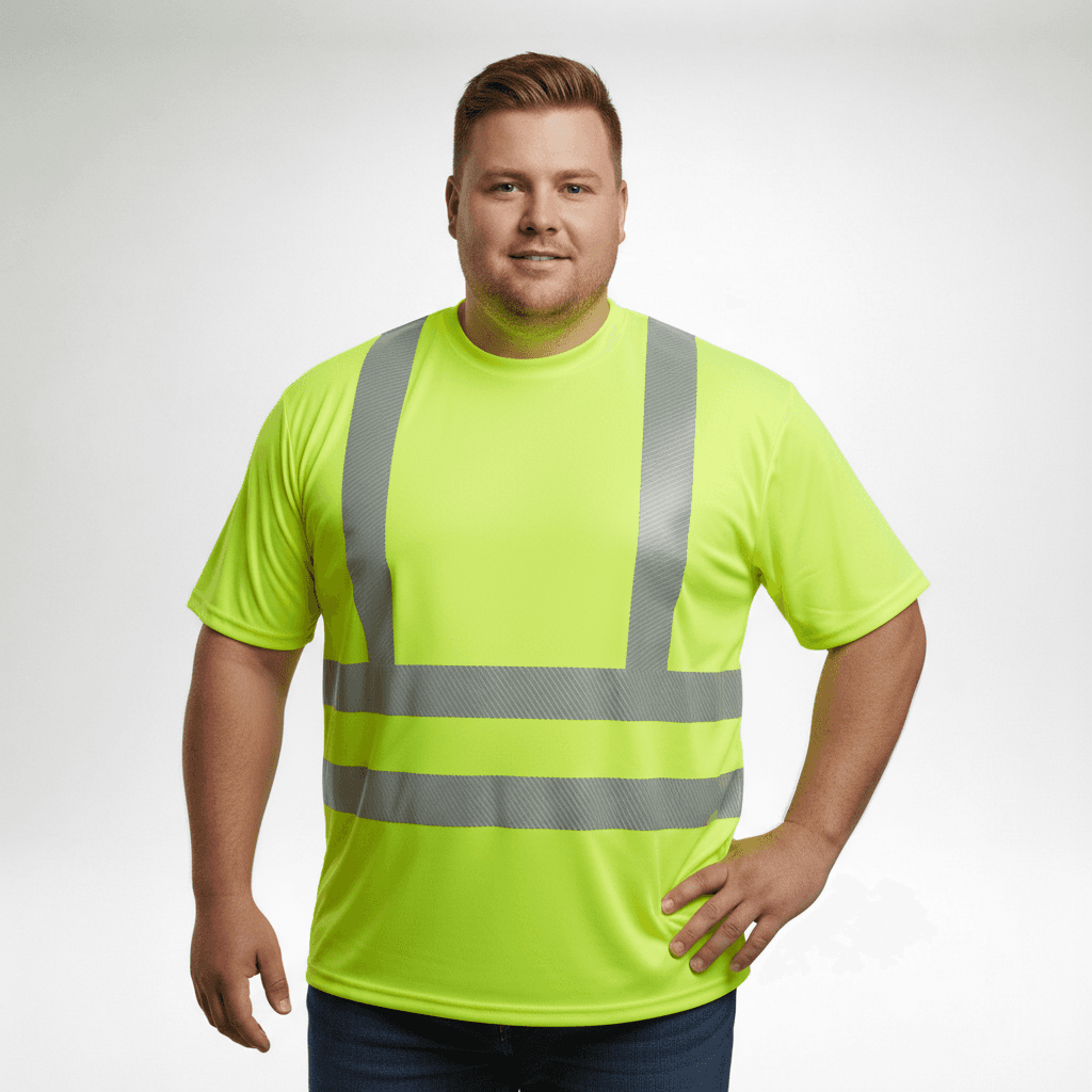 Herren trägt leuchtend gelbes warn t shirt mit reflektierenden Streifen von BigTiger