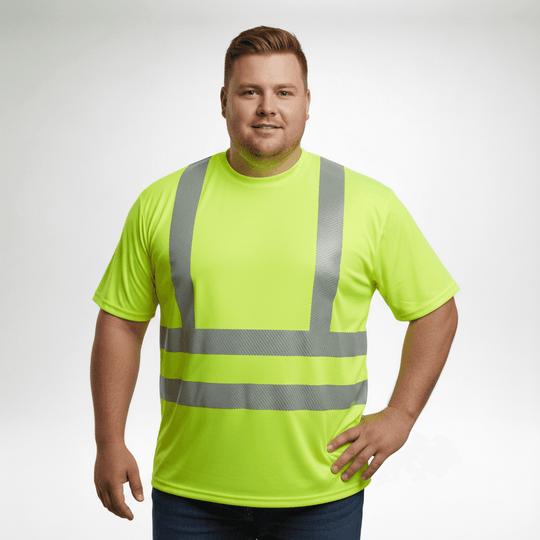 Herren trägt leuchtend gelbes warn t shirt mit reflektierenden Streifen von BigTiger