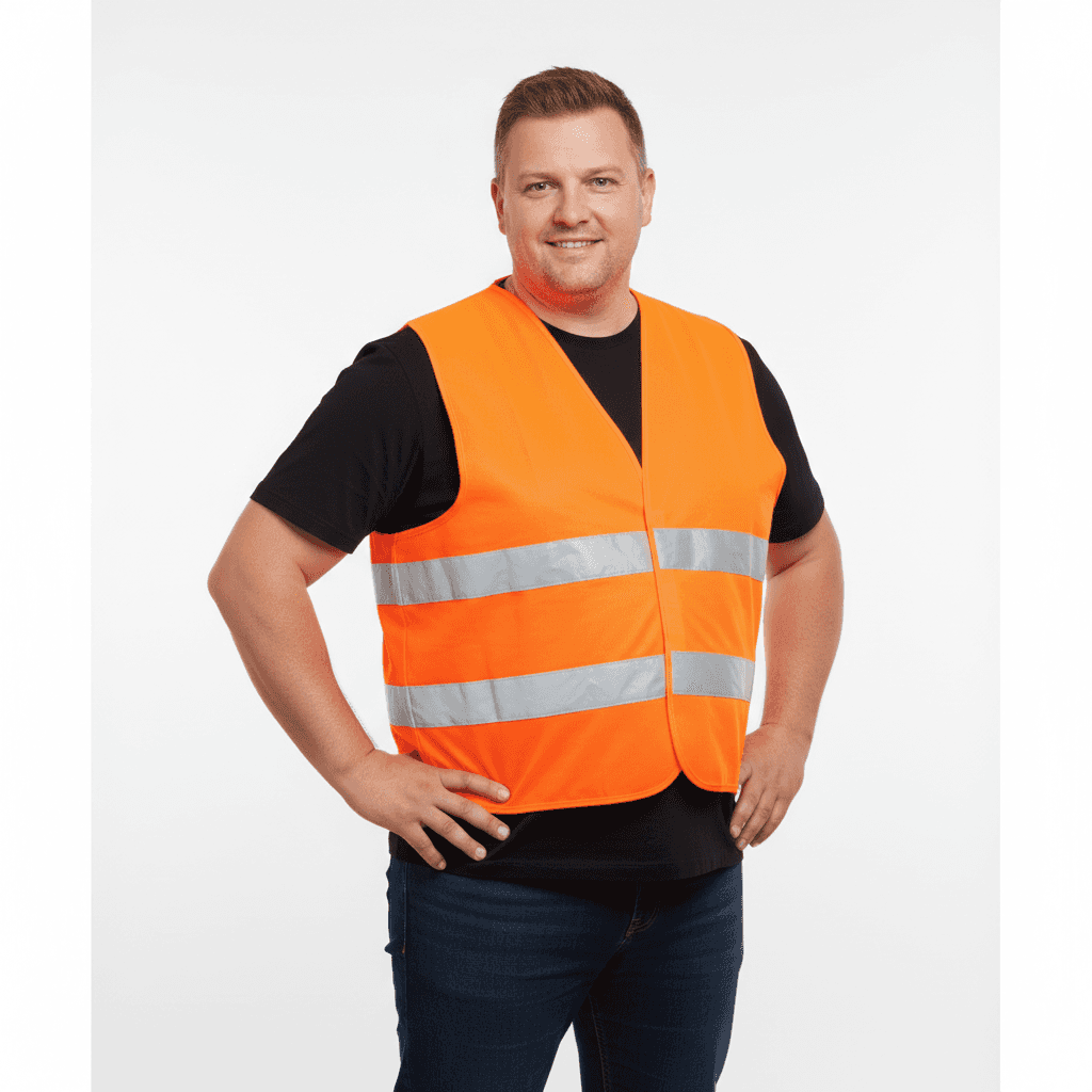 BigTiger orange Warnweste mit reflektierenden Streifen getragen von Mann in schwarzem T-Shirt