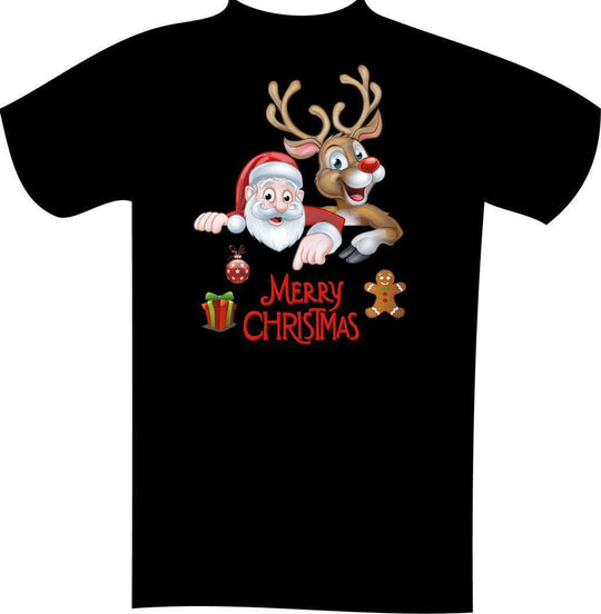 Schwarzes BigTiger Weihnachts-T-Shirt mit Santa Claus, Rentier und Merry Christmas Aufdruck