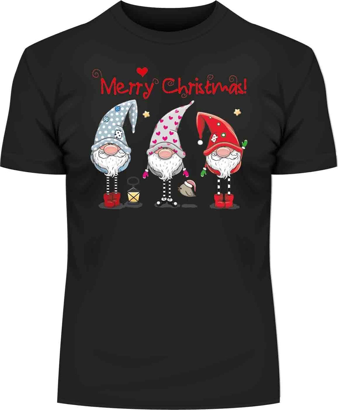 Schwarzes Weihnachts-T-Shirt von BigTiger mit niedlichen Weihnachtszwergen und Merry Christmas Schriftzug