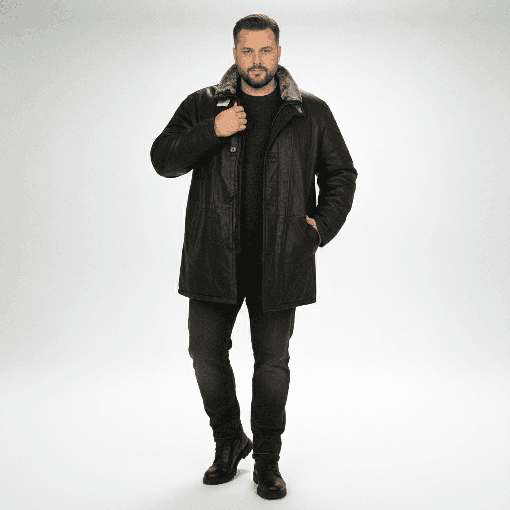 Winterjacke Herren von Allsize aus schwarzem Leder mit Fellkragen und Knopfleiste