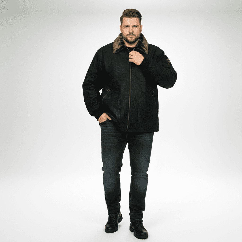 Allsize Leder-Jacke winterjacke herren in Schwarz mit Fellkragen und Reißverschluss