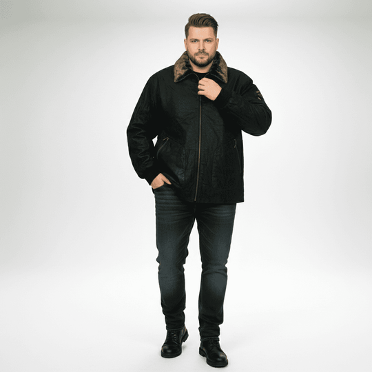 Allsize Leder-Jacke winterjacke herren in Schwarz mit Fellkragen und Reißverschluss